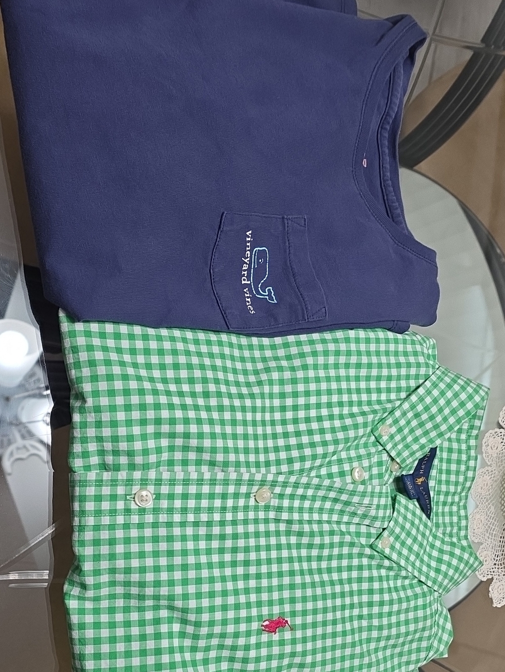 Ralph Lauren And Vineyard Vines Navy Pocket Tee & Green Gingham Button-Down 2pc